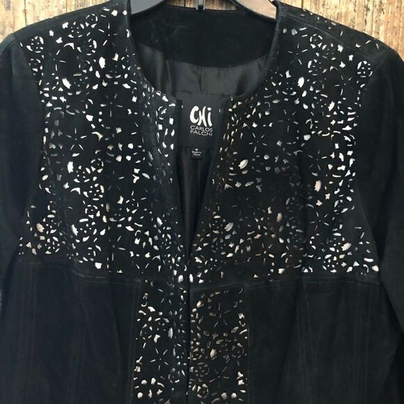 Carlos Falchi M NWT Heavy Black Textured Designer Leather Suede Punchout Coat - Picture 9 of 9